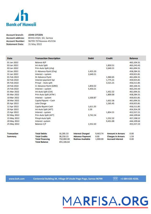 Downloadable Samoa Bank of Hawaii bank statement word download for verification